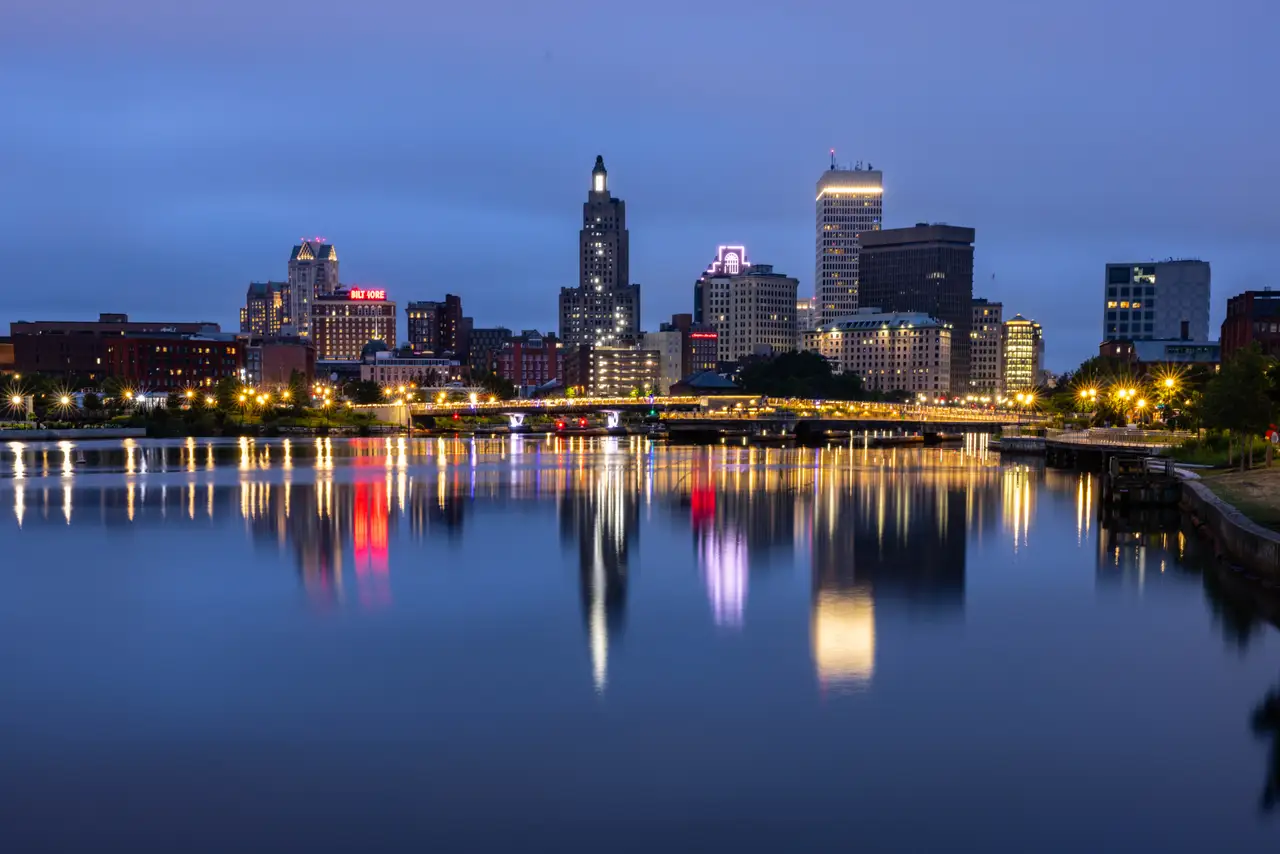 Fine-art photograph, “Providence Skyline Reflections at Night - FIV4732,” from the Rhode Island collection.