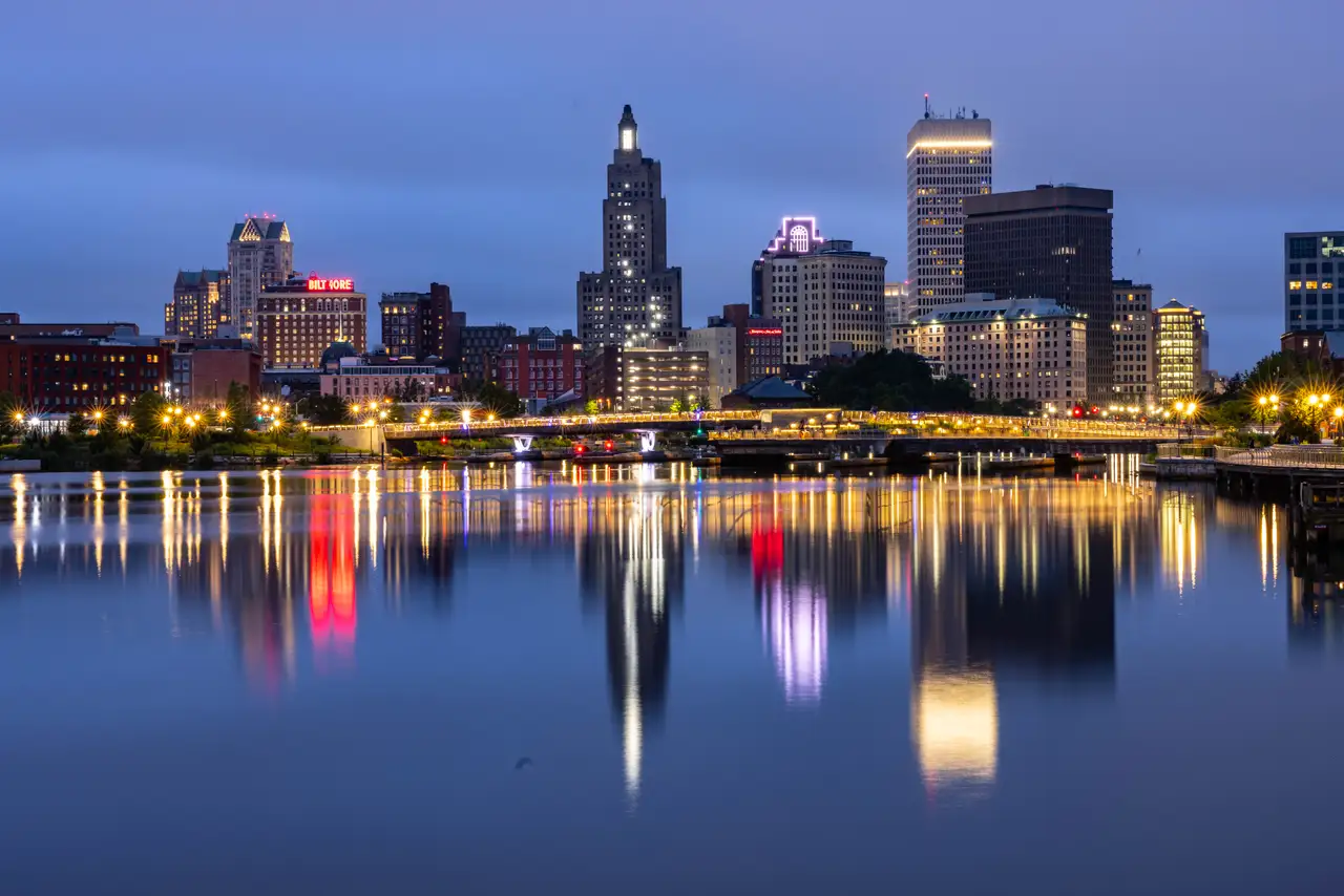 Fine-art photograph, “Providence Skyline Lights Across the River - FIV4733,” from the Rhode Island collection.