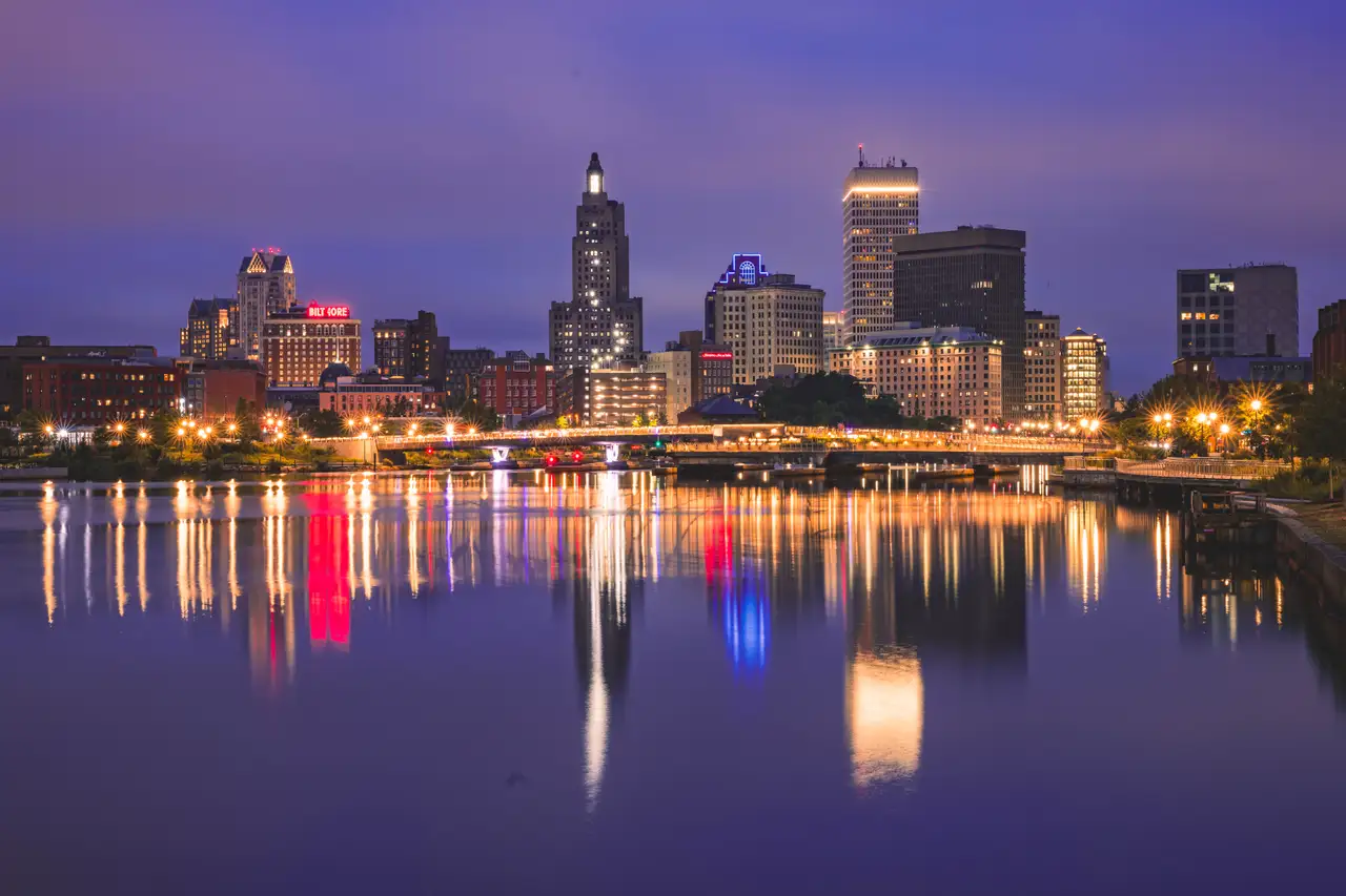Fine-art photograph, “Providence Skyline Reflections in Violet Light - FIV4744,” from the Rhode Island collection.