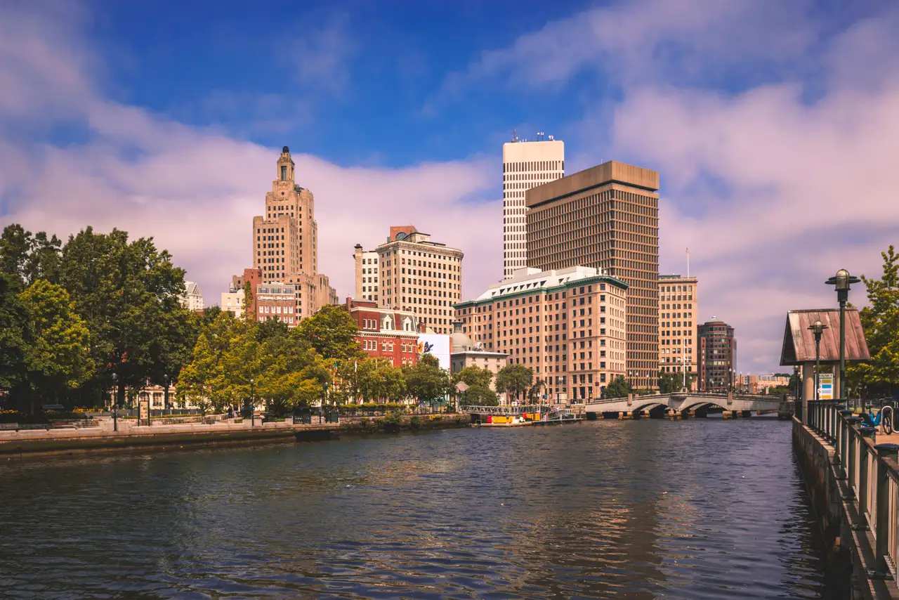 Fine-art photograph, “Providence Riverfront in Evening Light - RFIV1332,” from the Rhode Island collection.