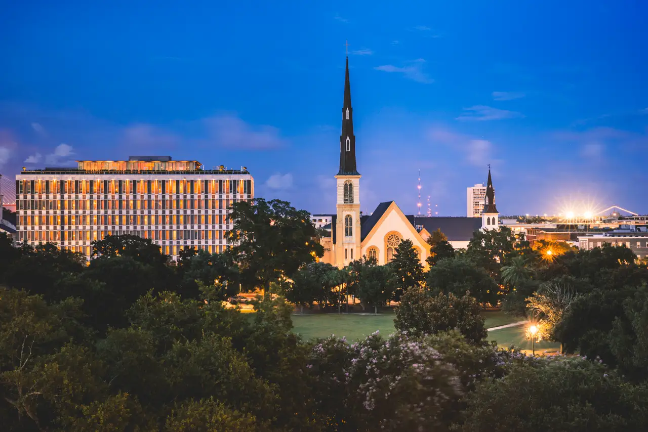 Fine-art photograph, “Charleston Skyline and Church Spire at Blue Hour - Charleston RFIV6223,” from the South Carolina collection.