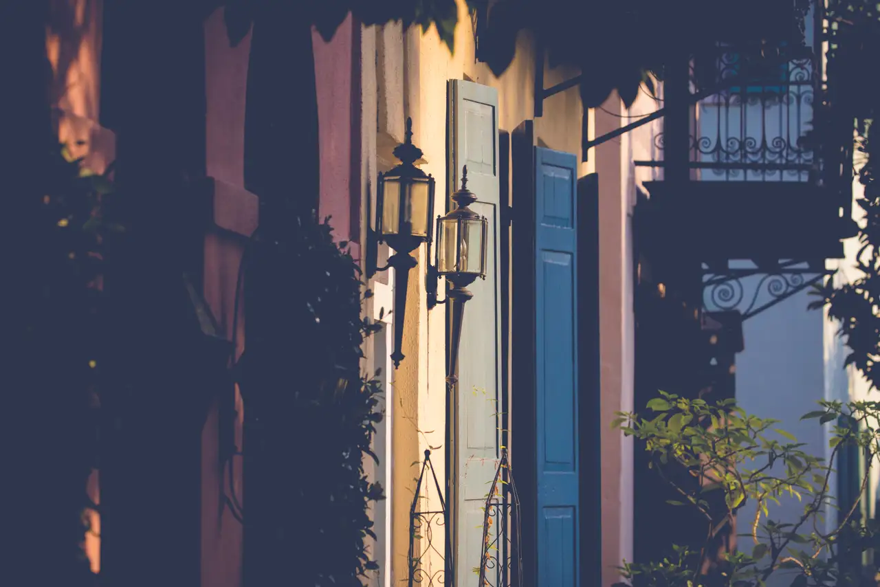 Fine-art photograph, “Charleston Gaslamp and Historic Facade - Charleston RFIV6982,” from the South Carolina collection.
