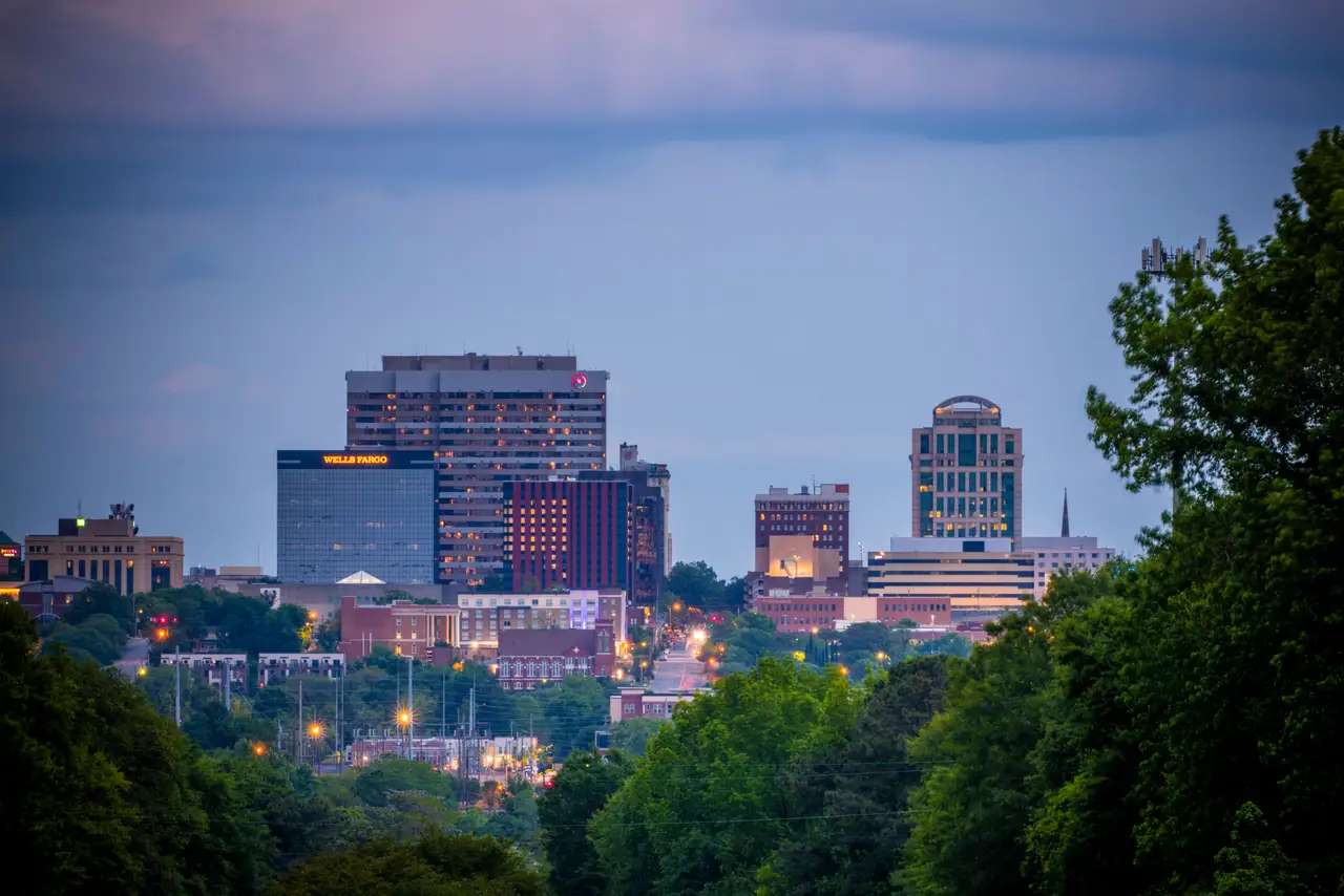 Fine-art photograph, “Columbia Skyline at Blue Hour - Columbia RFIV7637,” from the South Carolina collection.