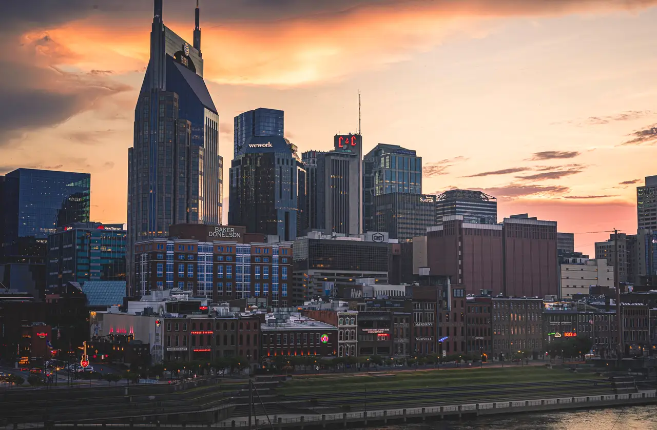 Fine-art photograph, “Nashville Skyline at Sunset - Nashville 5DM42241,” from the Tennessee collection.