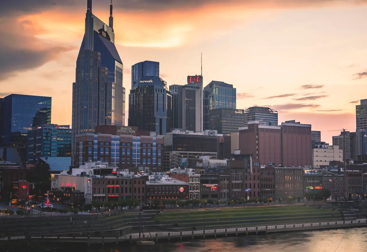 Fine-art photograph, “Nashville Skyline in Evening Light - Nashville 5DM42245,” from the Tennessee collection.