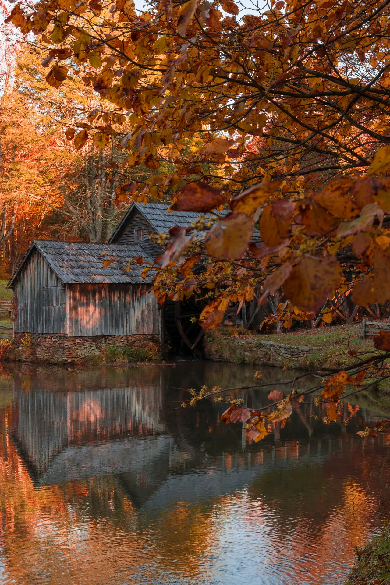 Fine-art photograph, “Mabry Mill Reflections in Vertical - 5DM41396,” from the Virginia - non city collection.