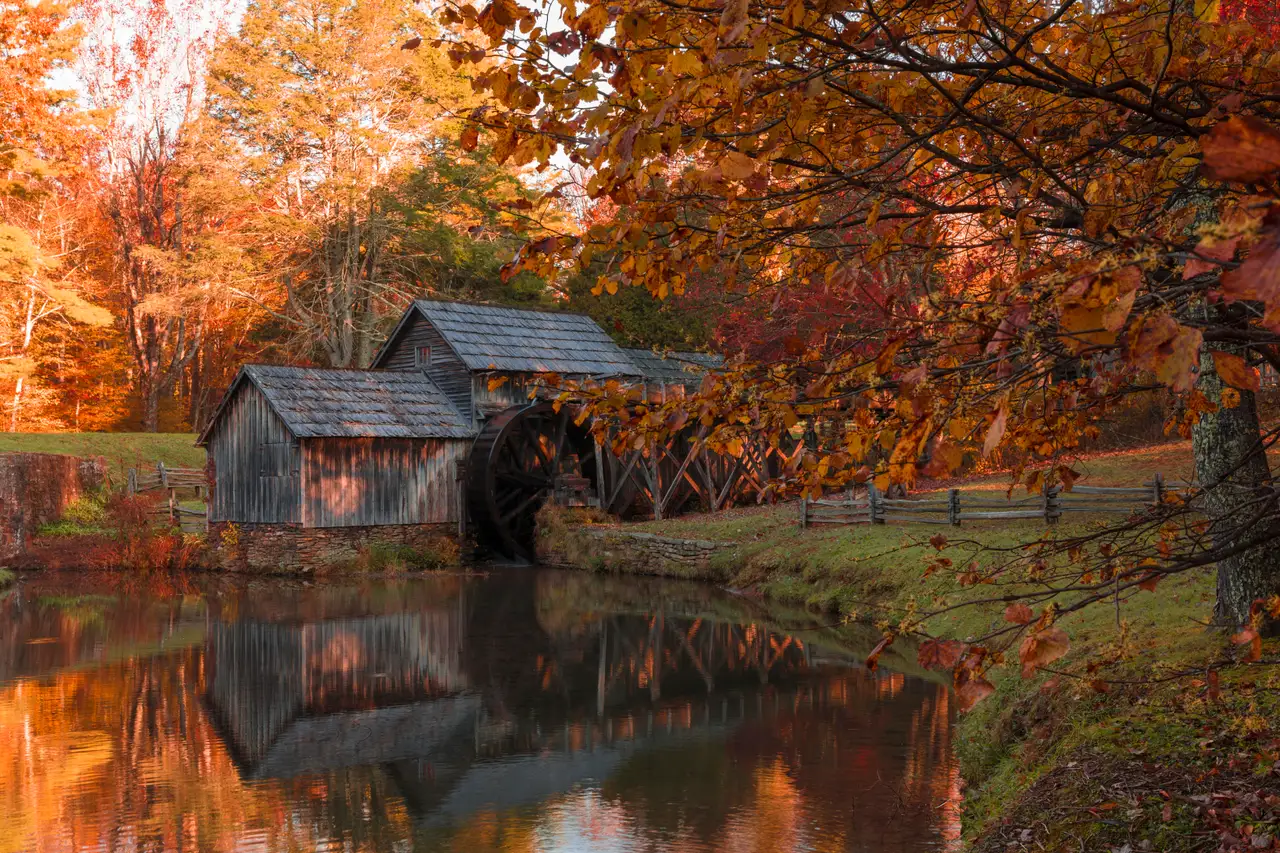 Fine-art photograph, “Mabry Mill Framed by Autumn Leaves - 5DM41397,” from the Virginia - non city collection.