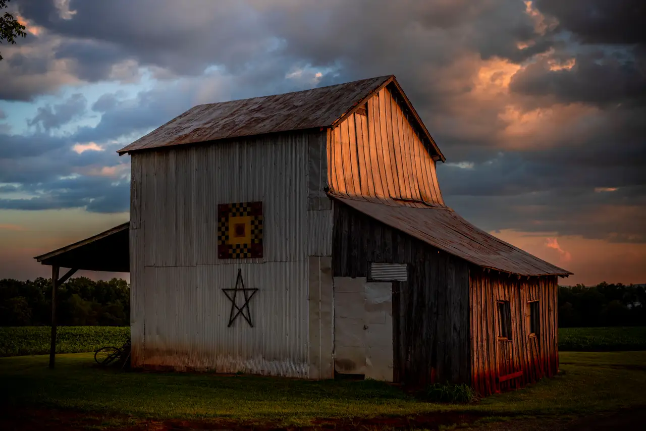 Fine-art photograph, “Virginia Quilt Barn in Evening Light - FIV2283,” from the Virginia - non city collection.