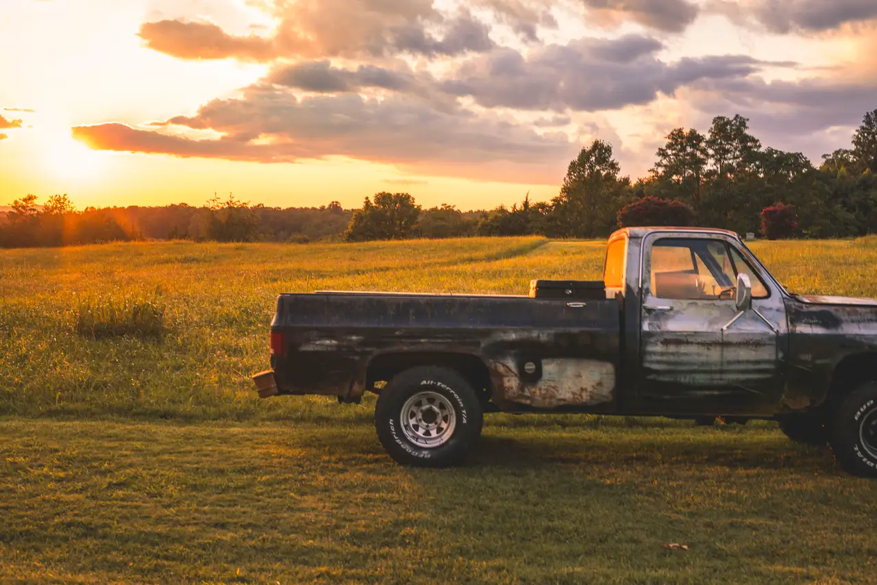Fine-art photograph, “Vintage Pickup at Sunset, Woodland Hush - FIV2294,” from the Virginia - non city collection.