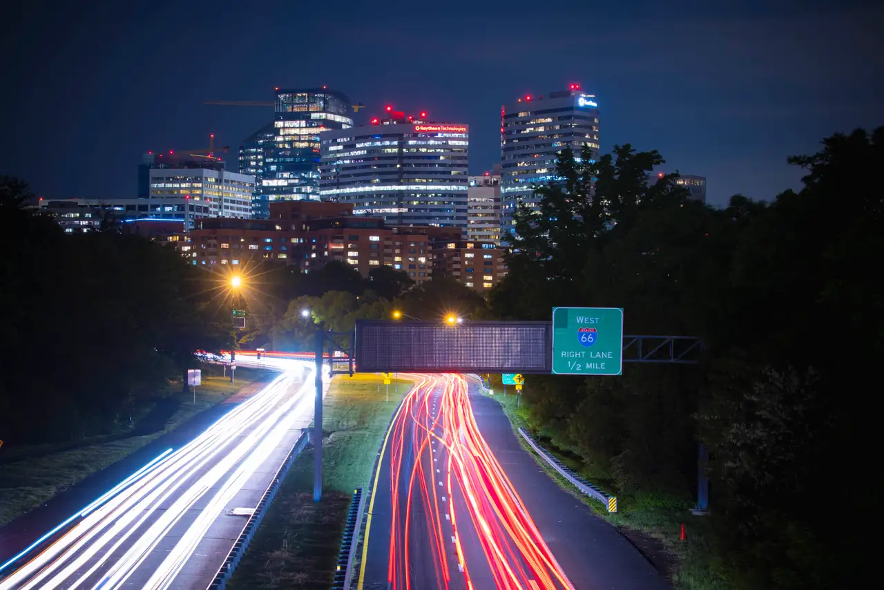 Fine-art photograph, “Arlington Highway Light Trails at Night - Arlington RFIV8702,” from the Virginia collection.