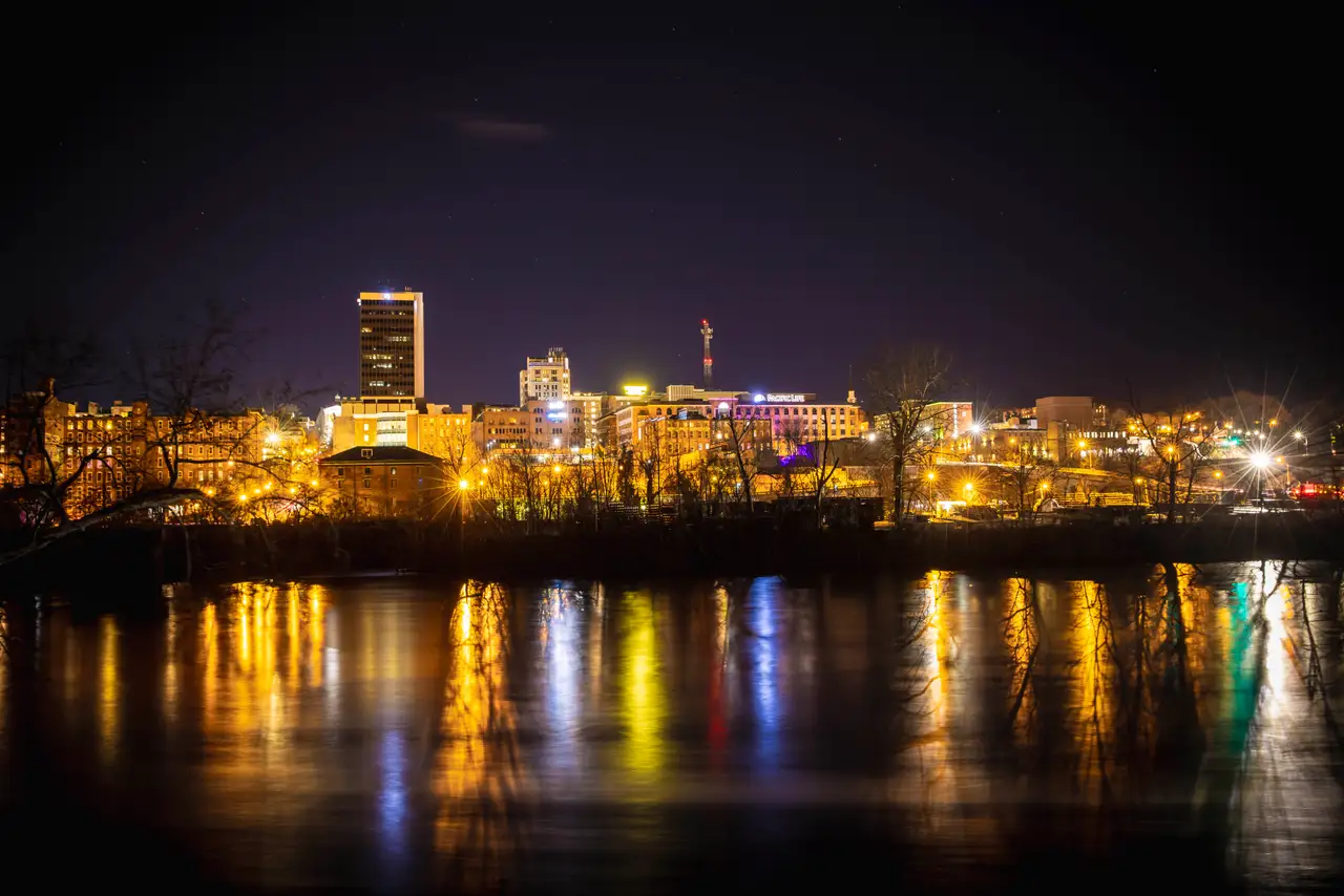 Fine-art photograph, “Lynchburg Skyline Reflections at Night - Lynchburg RFIV5345,” from the Virginia collection.