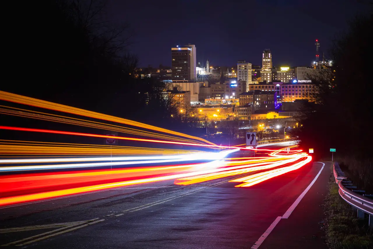 Fine-art photograph, “Lynchburg Light Trails at Night - Lynchburg RFIV5357,” from the Virginia collection.