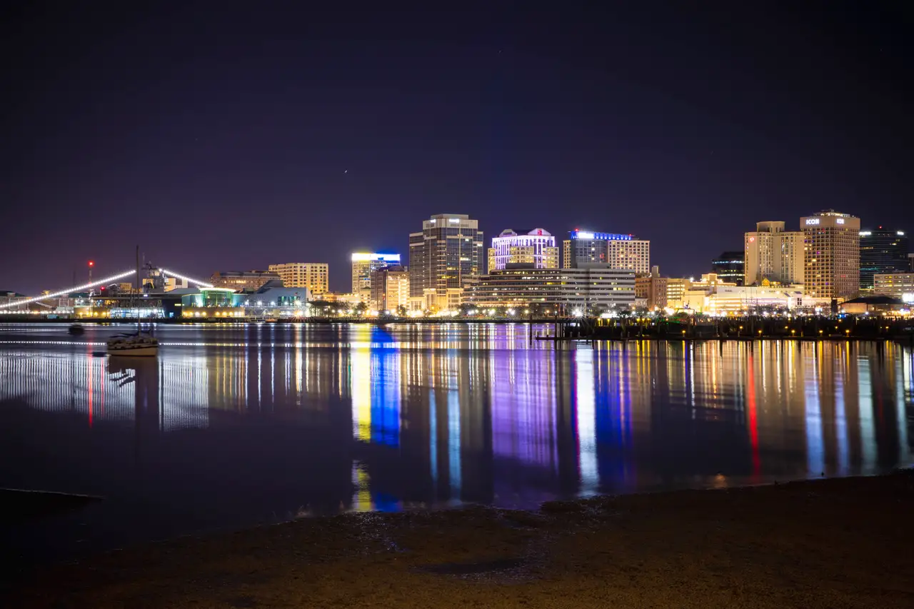 Fine-art photograph, “Norfolk Skyline and Blue Hour Reflections - Norfolk RFIV5753,” from the Virginia collection.