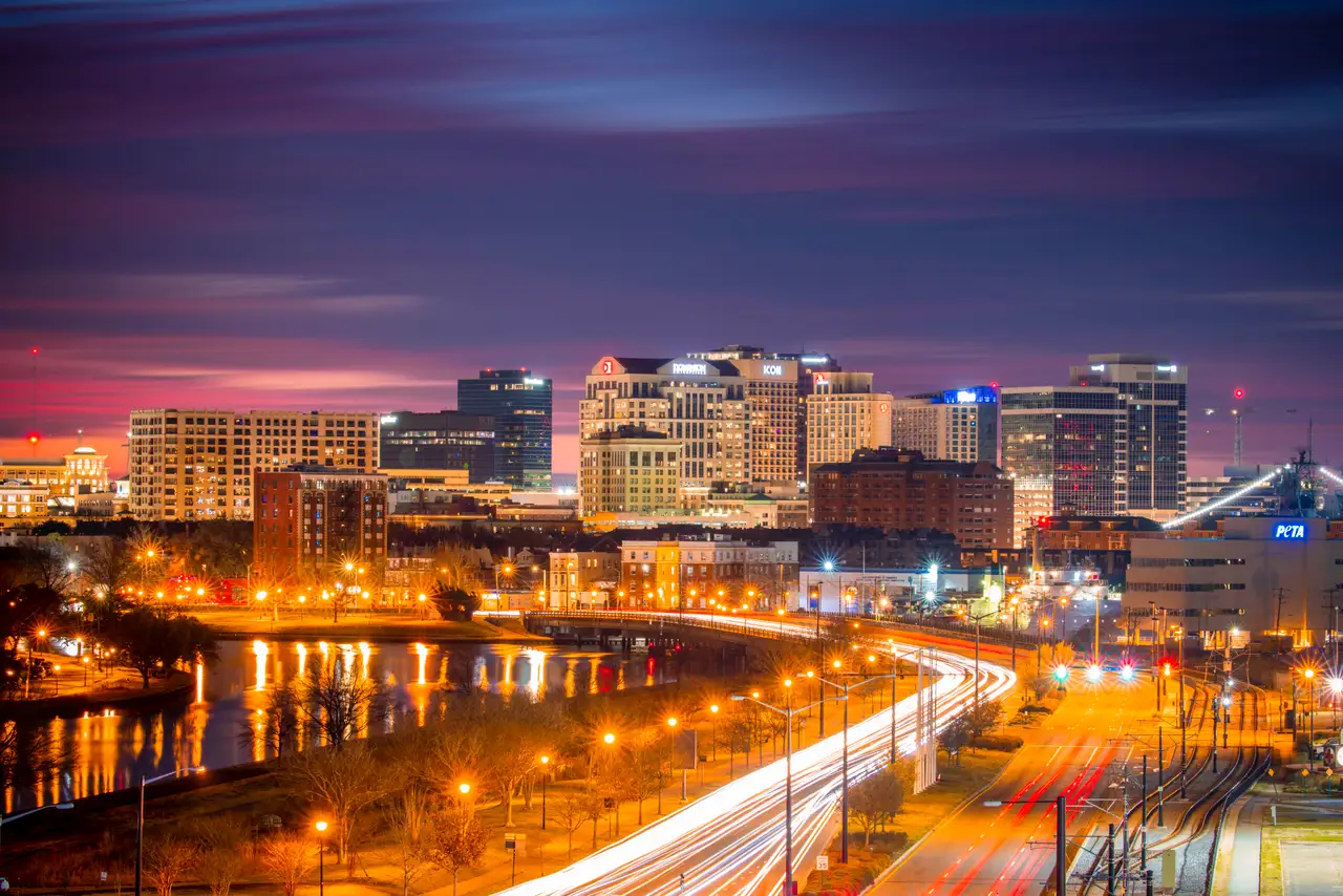 Fine-art photograph, “Norfolk Skyline Light Trails at Sunset - Norfolk RFIV5775,” from the Virginia collection.