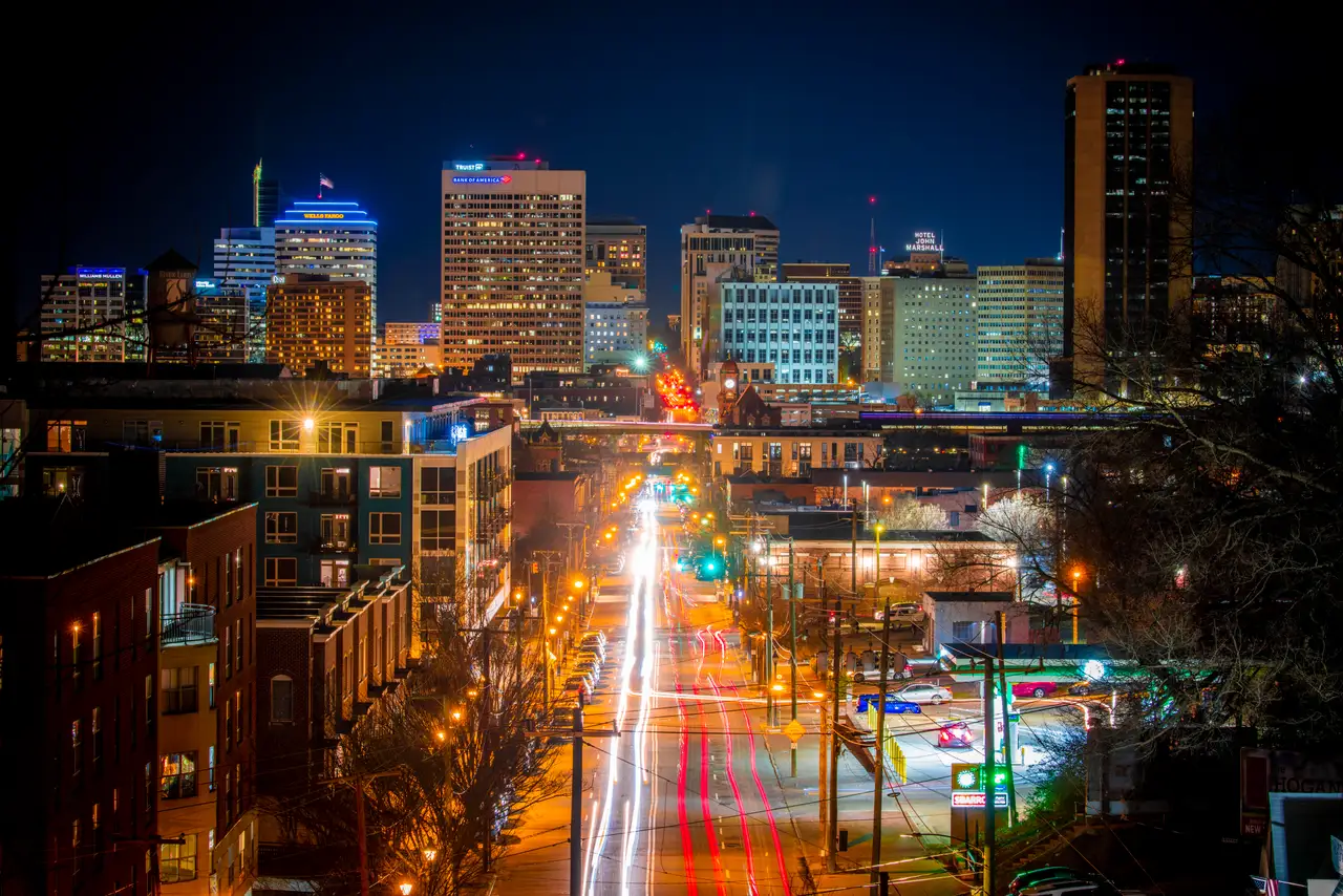 Fine-art photograph, “Richmond Downtown Light Trails at Night - Richmond RFIV5718,” from the Virginia collection.