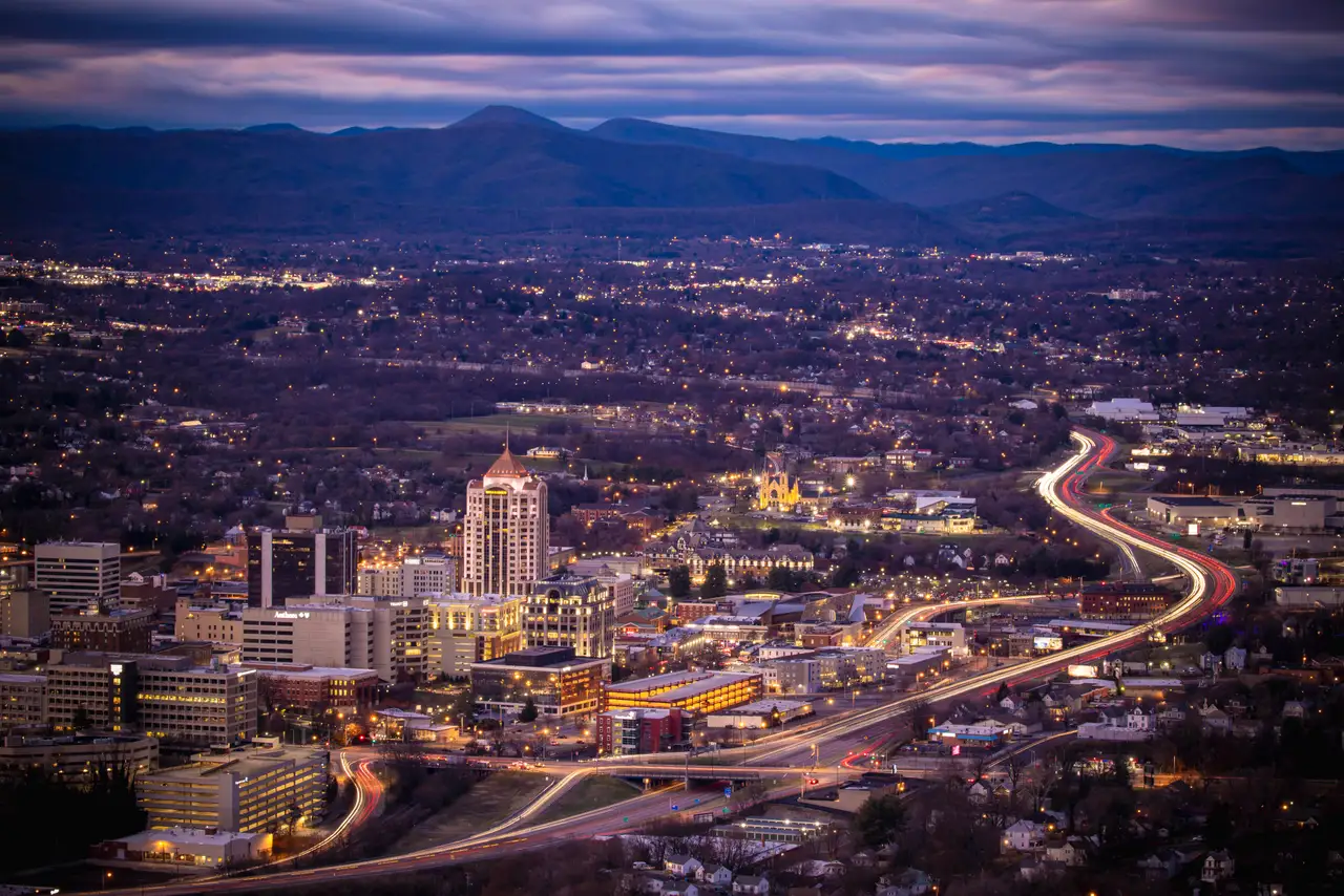 Fine-art photograph, “Roanoke Skyline at Blue Hour - Roanoke RFIV5320,” from the Virginia collection.