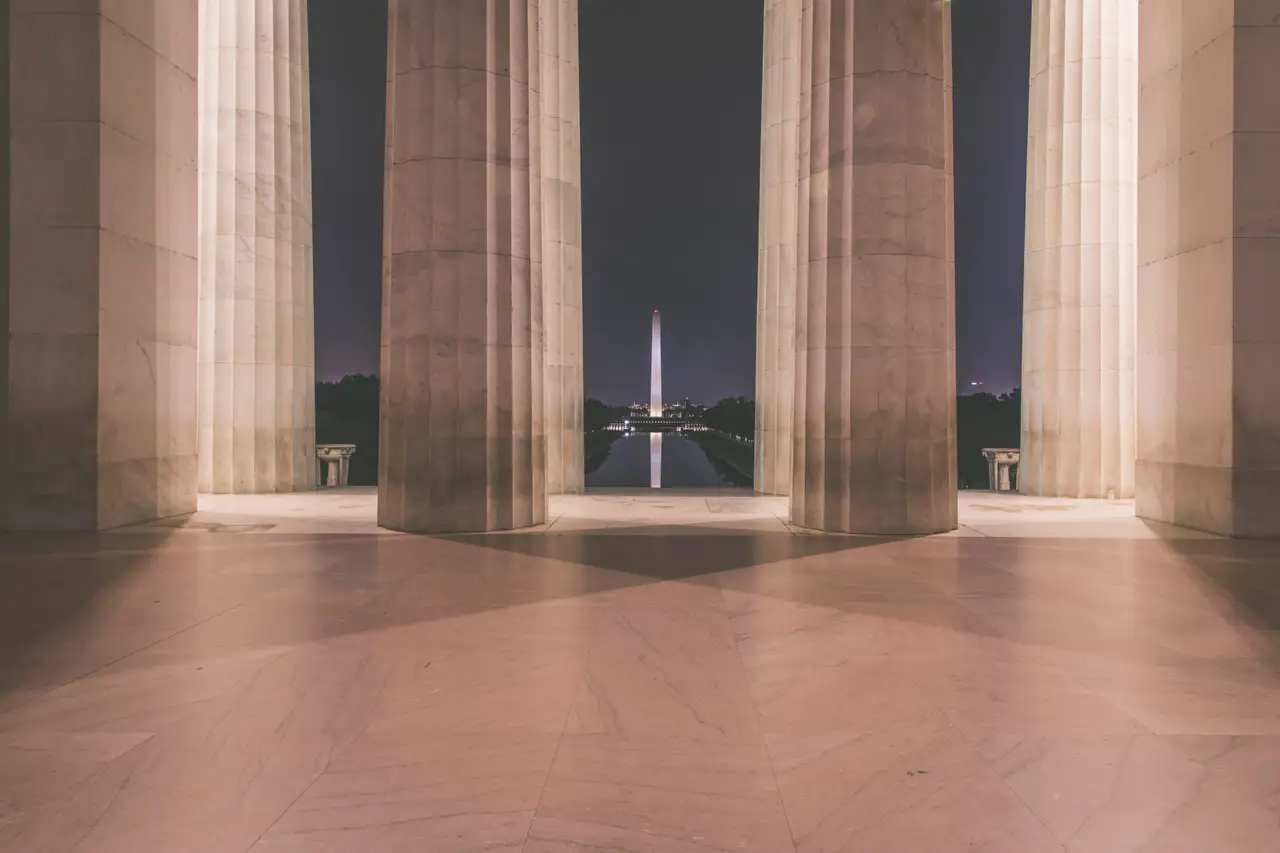 Fine-art photograph, “Washington Monument Through Lincoln Memorial Columns - 5DM40303,” from the Washington D.C. collection.