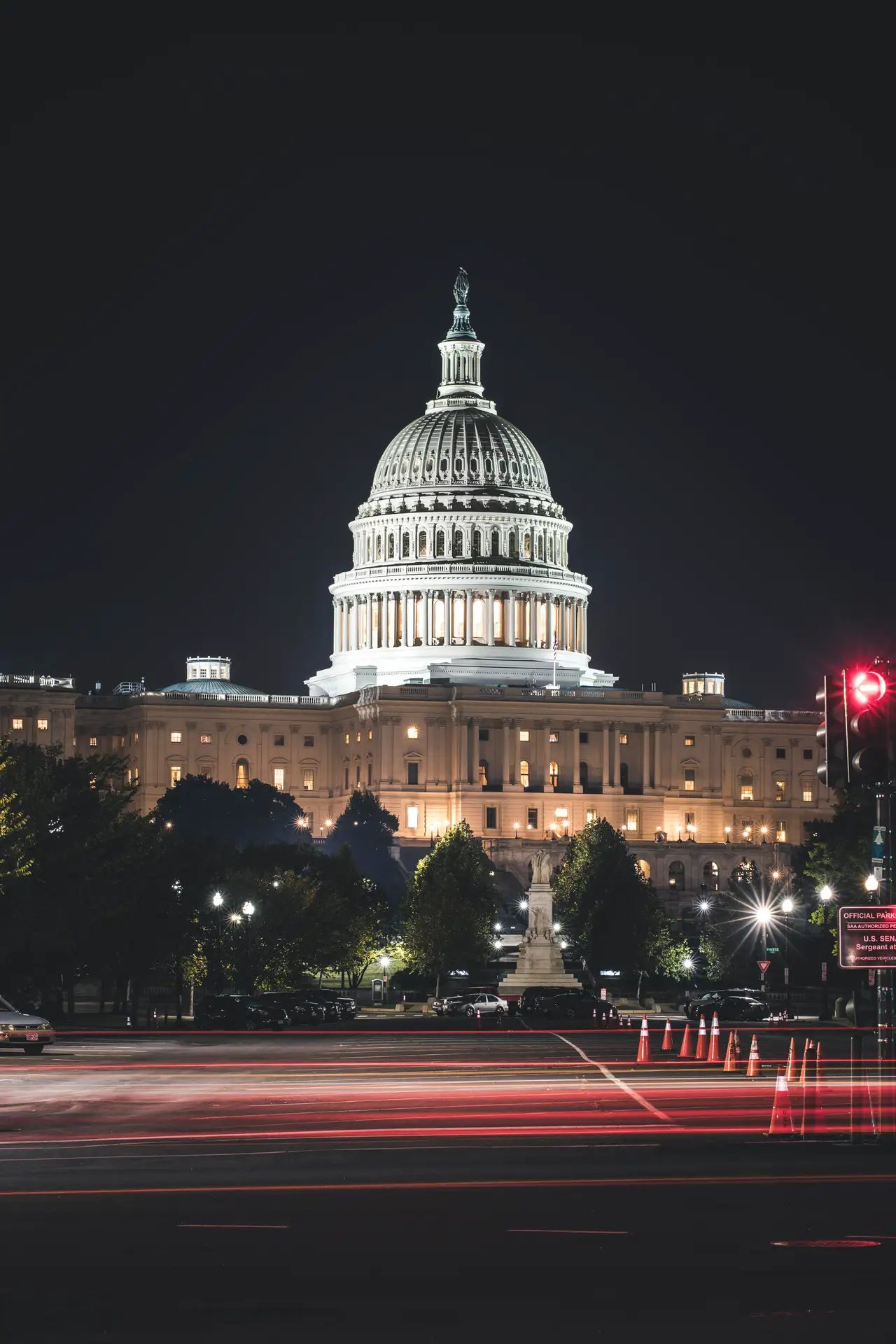 Fine-art photograph, “U.S. Capitol Dome and Street Light Trails - 5DM40388,” from the Washington D.C. collection.