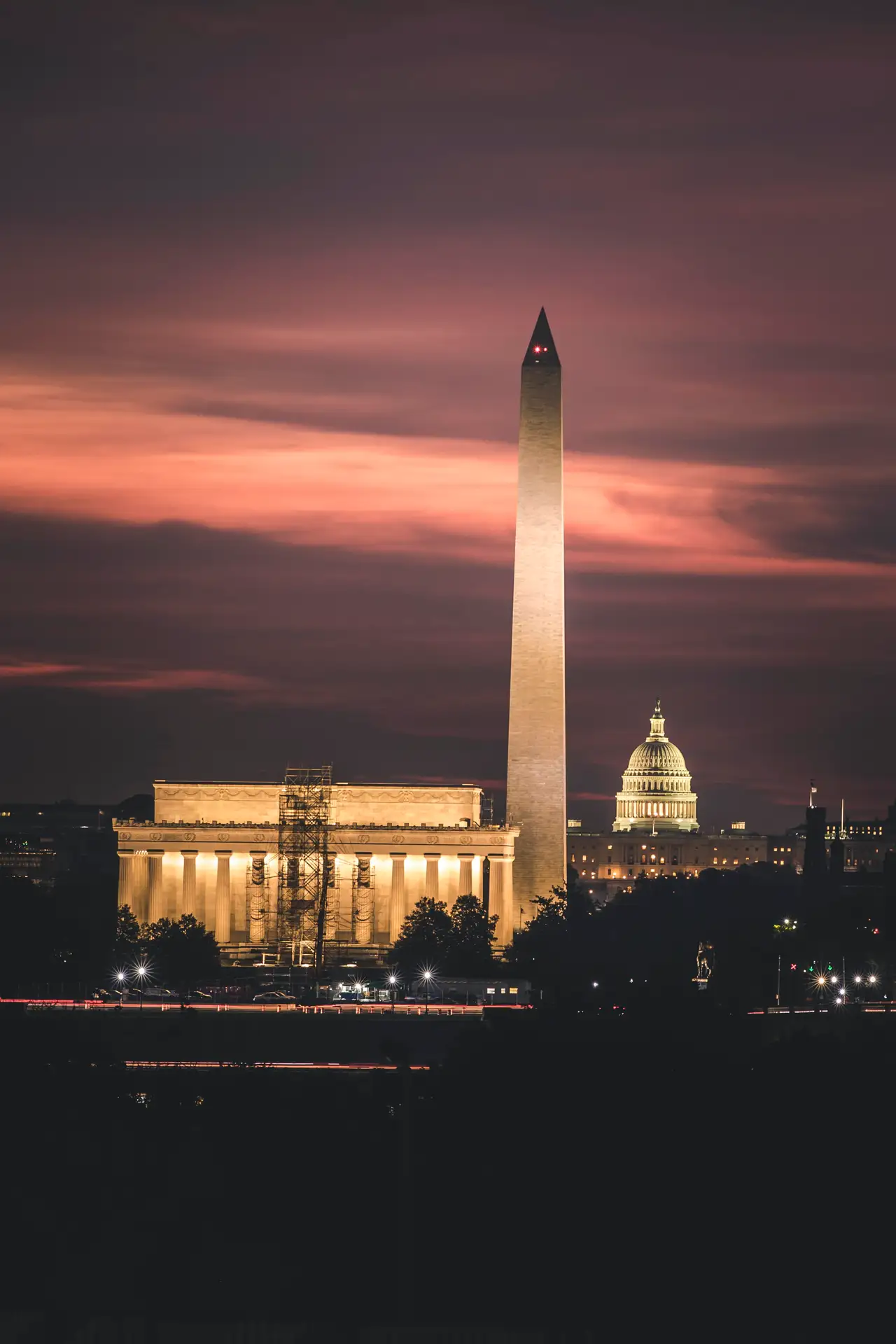 Fine-art photograph, “Washington Monument and Lincoln Memorial at Sunset, Evening Momentum - 5DM40402,” from the Washington D.C. collection.
