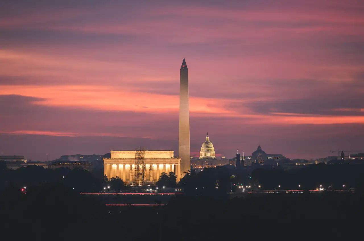 Fine-art photograph, “Washington Monument and Lincoln Memorial at Sunset, Dawn Traffic - 5DM40407,” from the Washington D.C. collection.
