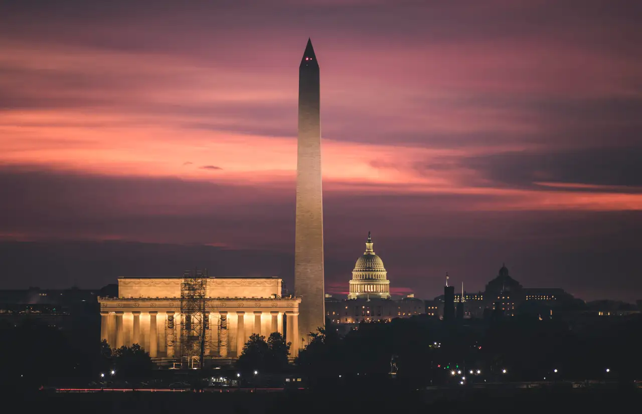 Fine-art photograph, “Washington Monument and Lincoln Memorial in Purple Light - 5DM40408,” from the Washington D.C. collection.
