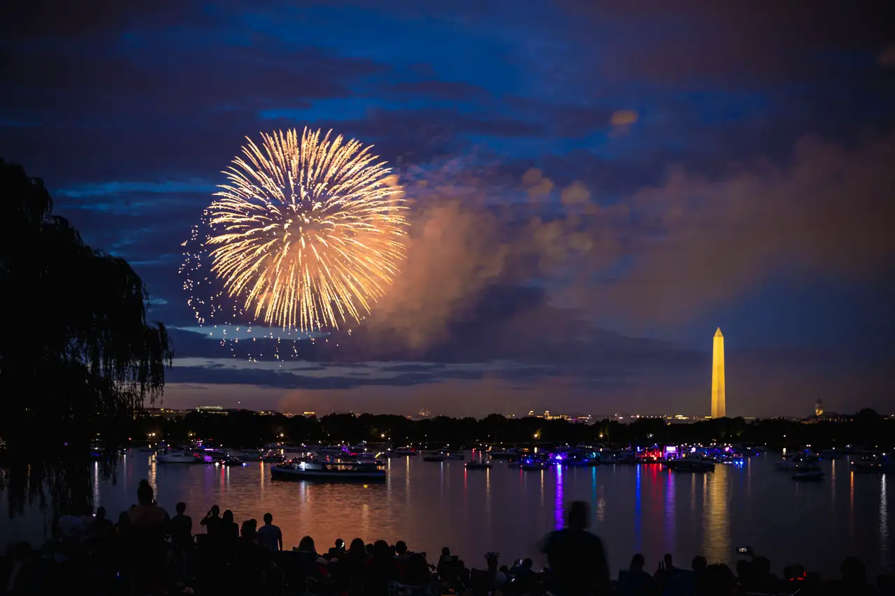 Fine-art photograph, “Fourth of July Fireworks Over the Washington Monument - 5DM41825,” from the Washington D.C. collection.