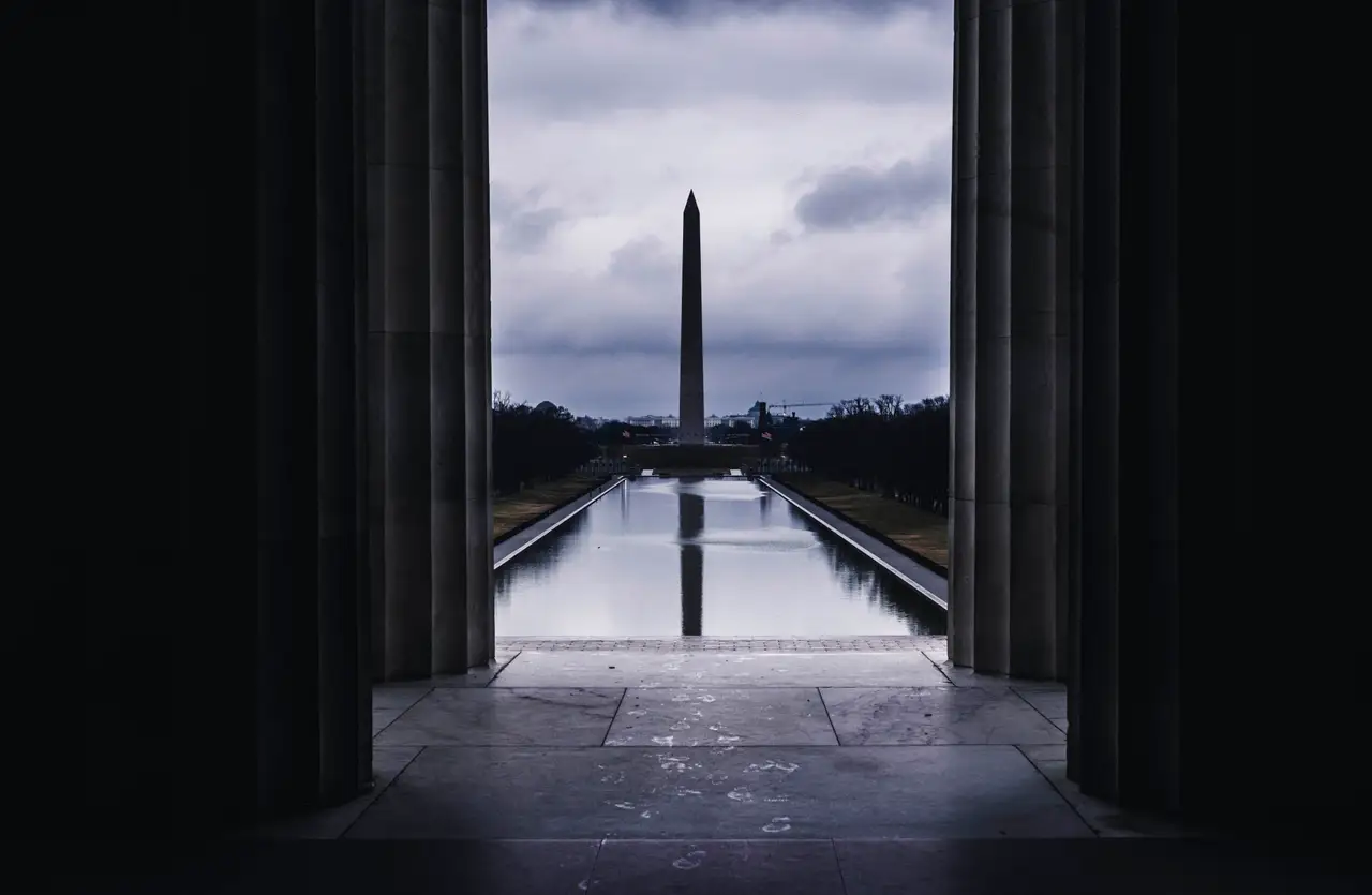 Fine-art photograph, “Washington Monument Tidal Basin Reflection in Rain - RFIV2703,” from the Washington D.C. collection.