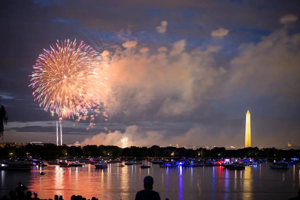 Fine-art photograph, “Fourth of July Fireworks Over the Tidal Basin, Tower Light - RFIV4878,” from the Washington D.C. collection.