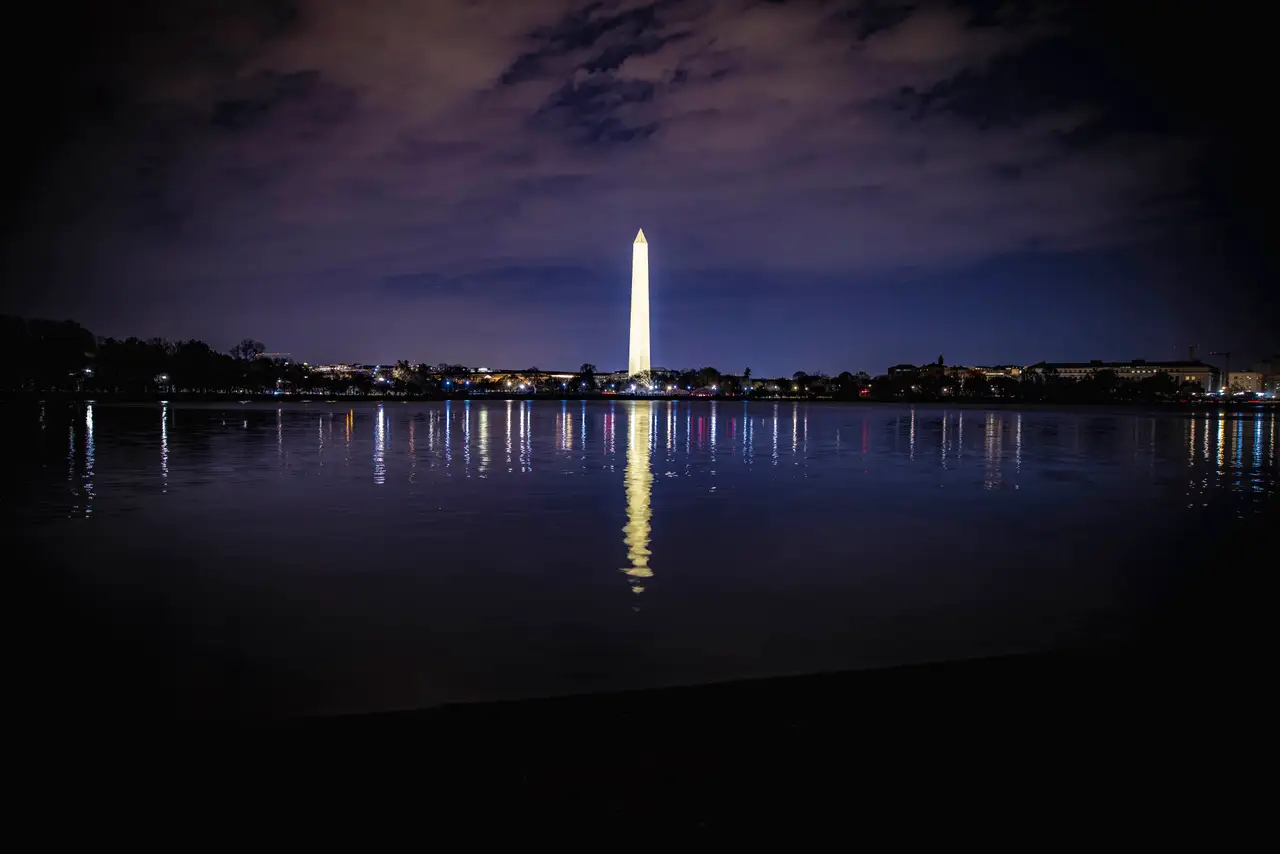 Fine-art photograph, “Washington Monument Across the Tidal Basin at Night - RFIV6037,” from the Washington D.C. collection.