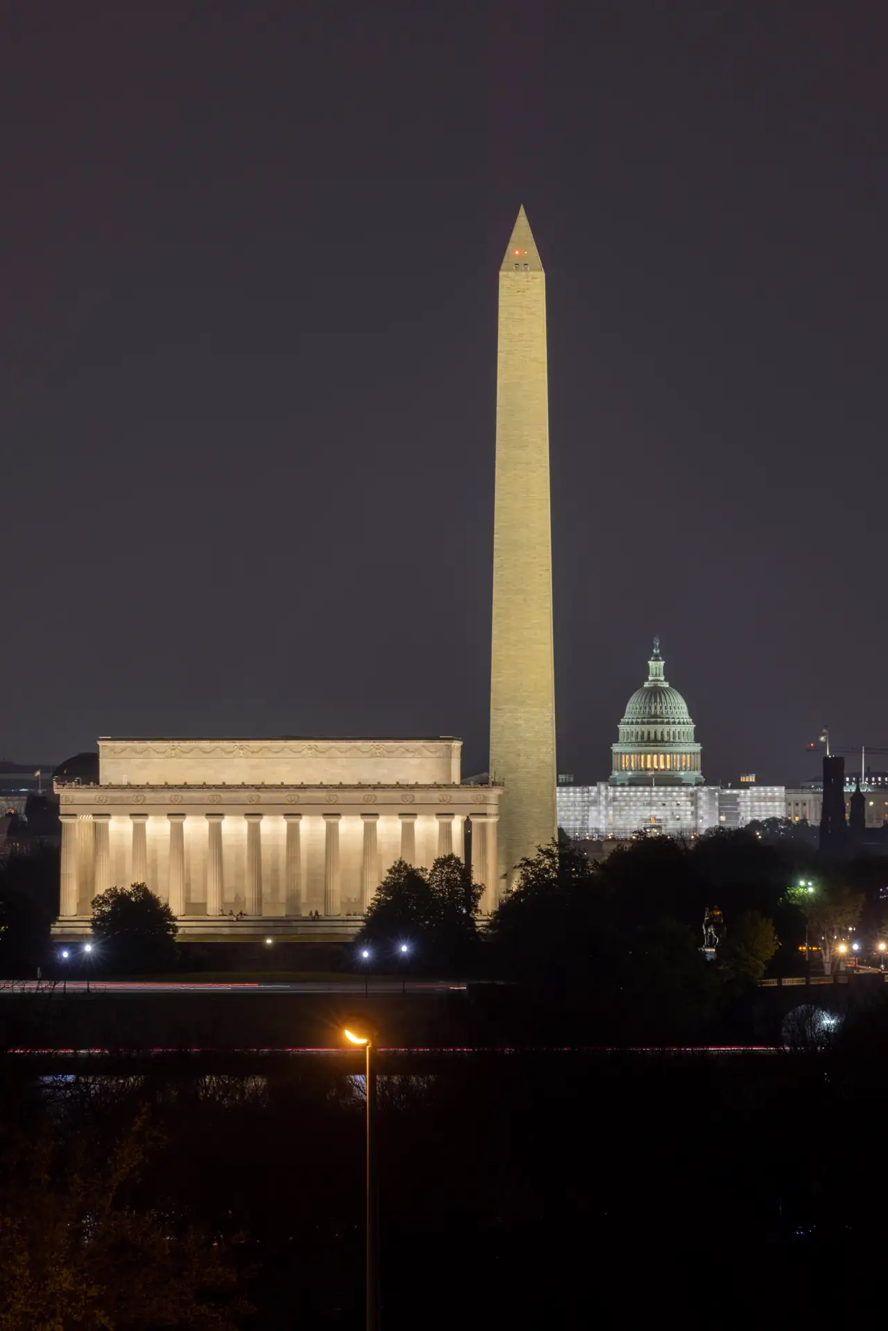Fine-art photograph, “Washington Monument and Lincoln Memorial at Night - RFIV6064,” from the Washington D.C. collection.
