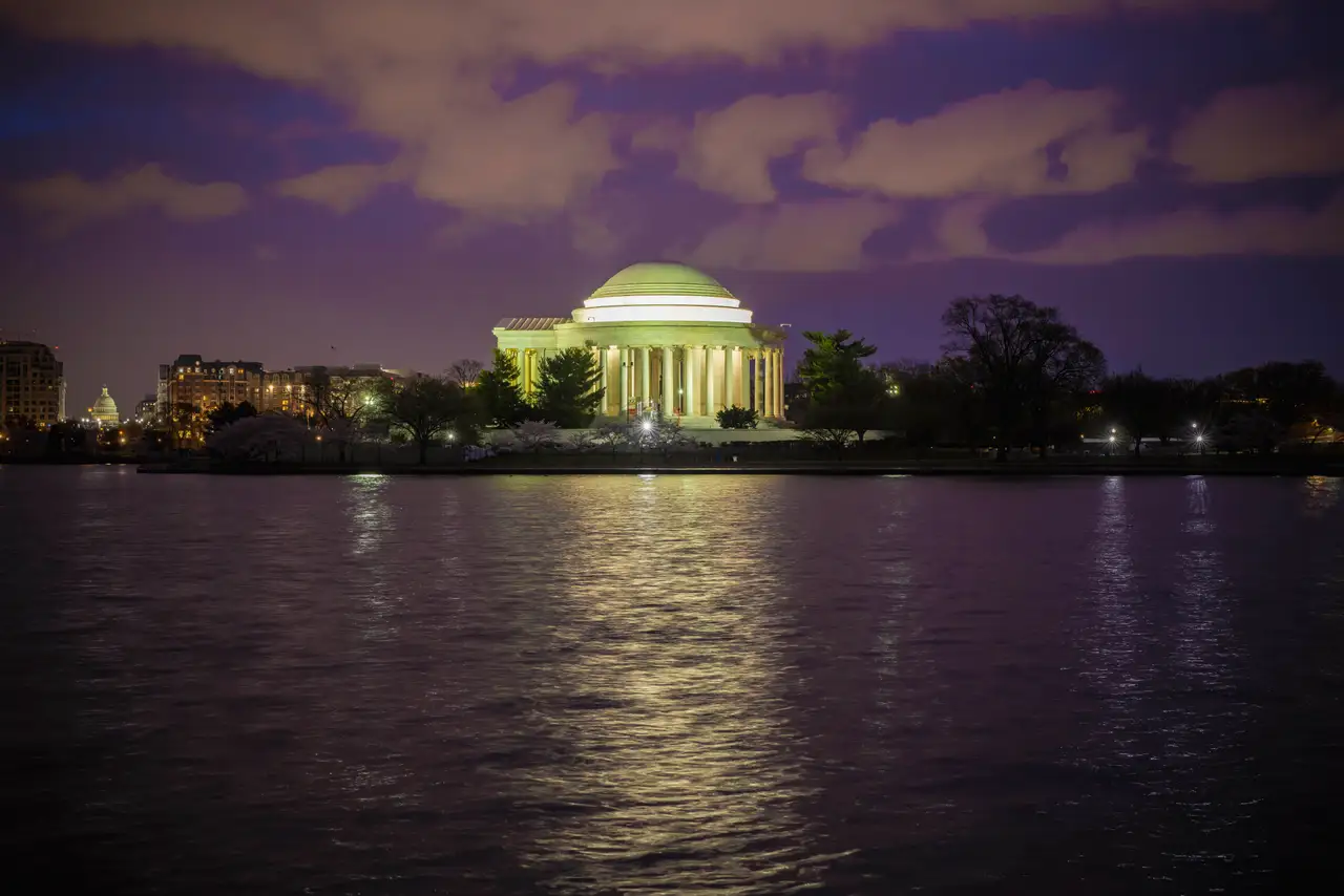 Fine-art photograph, “Jefferson Memorial Reflection at Night, Midnight Current - RFIV6084,” from the Washington D.C. collection.