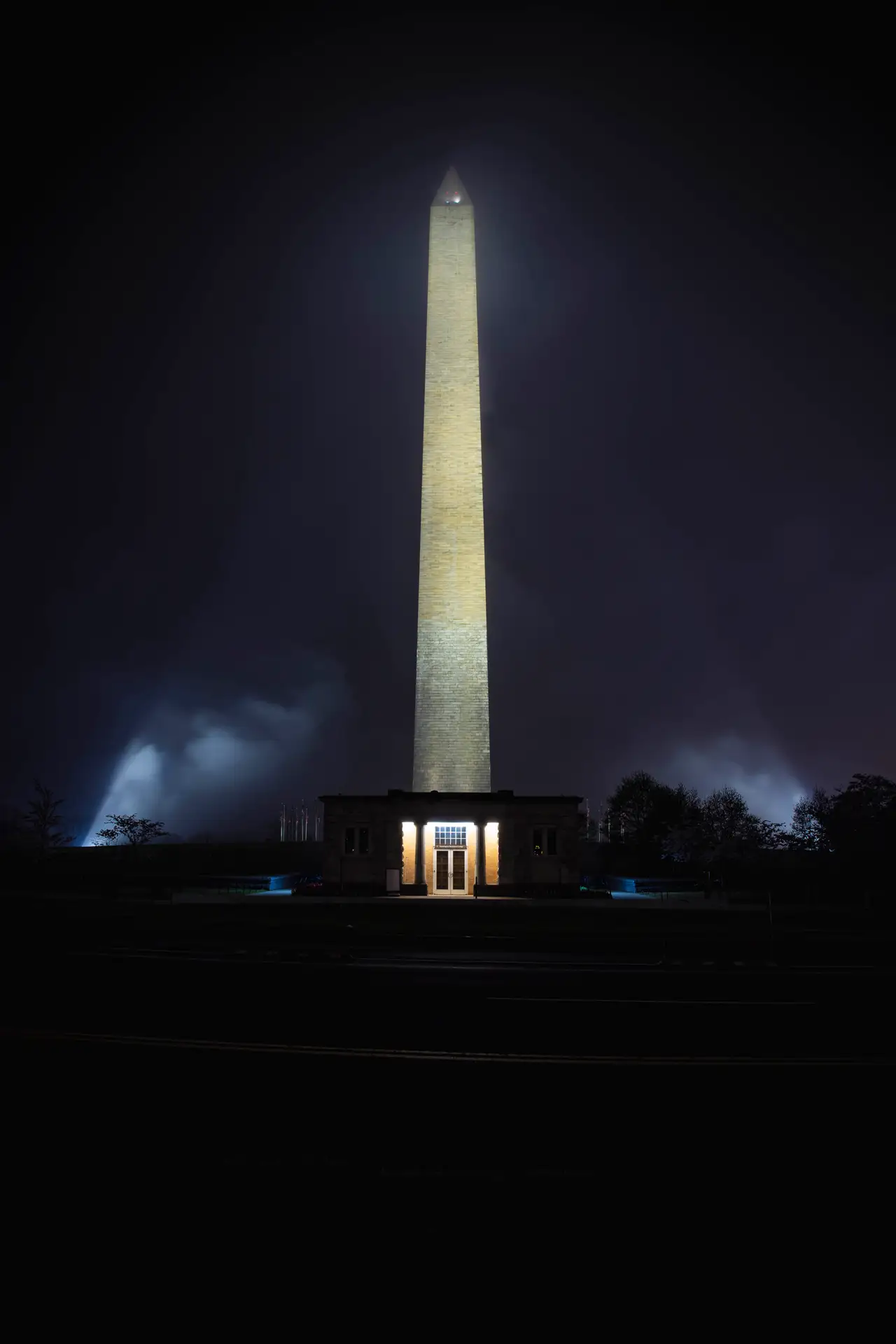 Fine-art photograph, “Washington Monument and Light Trails in Fog - RFIV6627,” from the Washington D.C. collection.