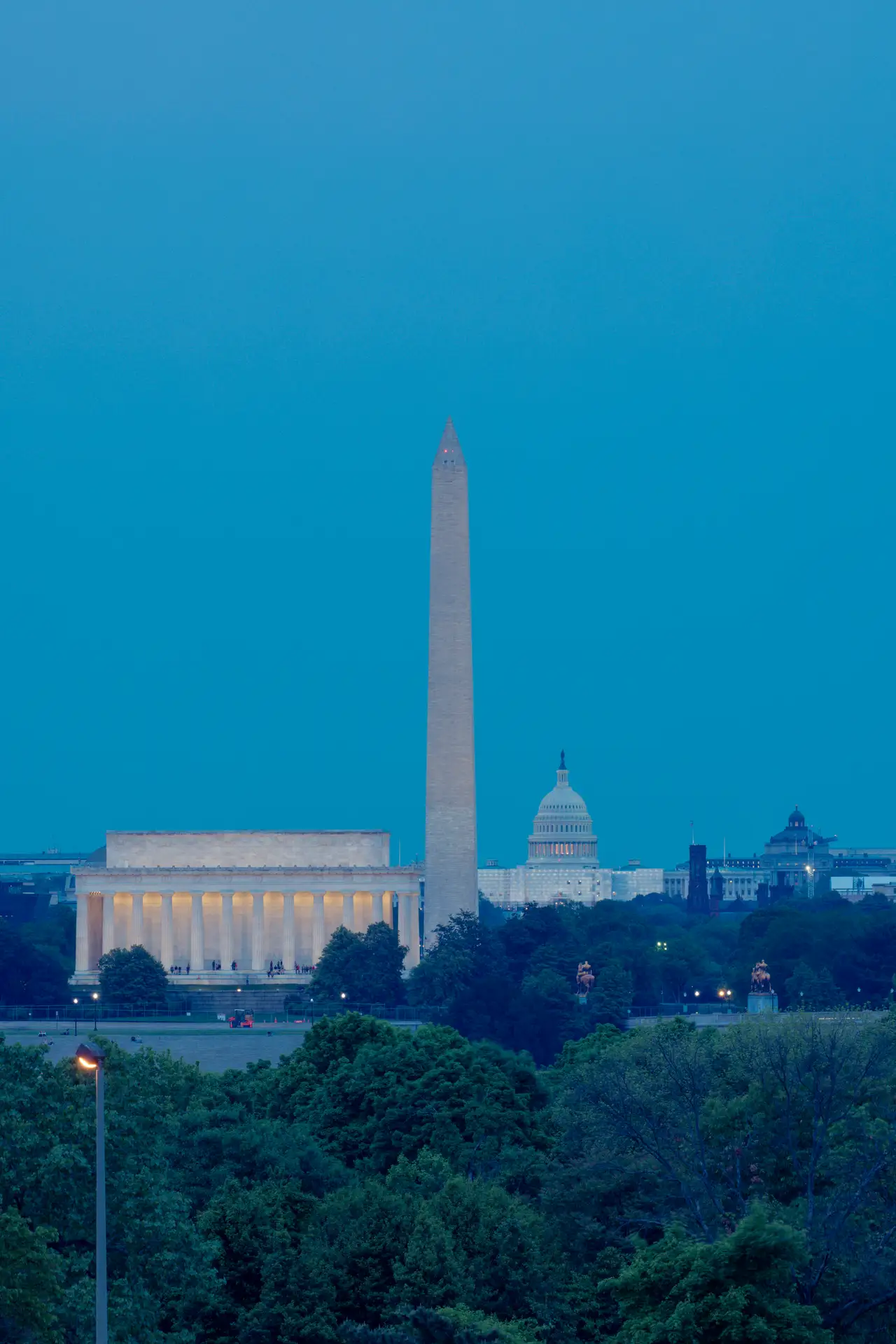 Fine-art photograph, “Washington Monument and Lincoln Memorial at Blue Hour - RFIV8668,” from the Washington D.C. collection.