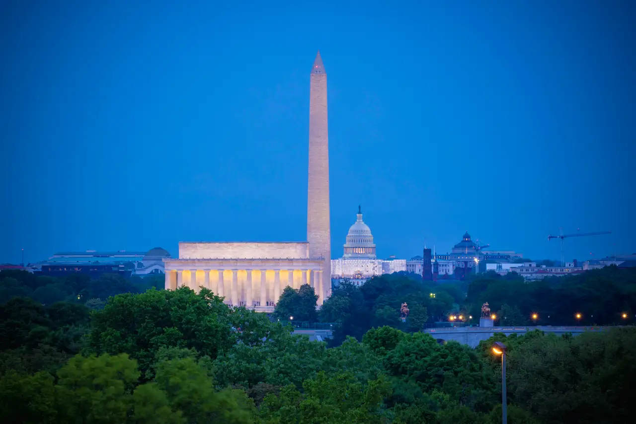 Fine-art photograph, “Lincoln Memorial Light Trails at Night - RFIV8673,” from the Washington D.C. collection.