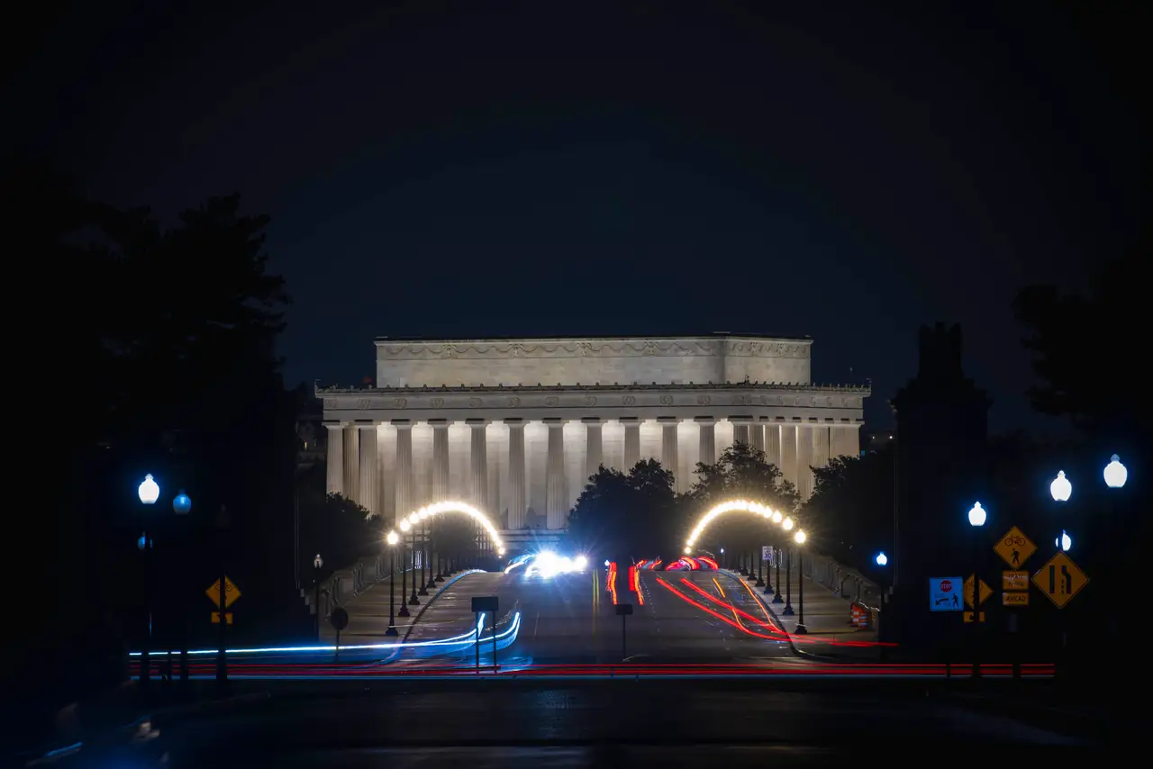 Fine-art photograph, “Lincoln Memorial Light Trails in Vertical - RFIV8697,” from the Washington D.C. collection.
