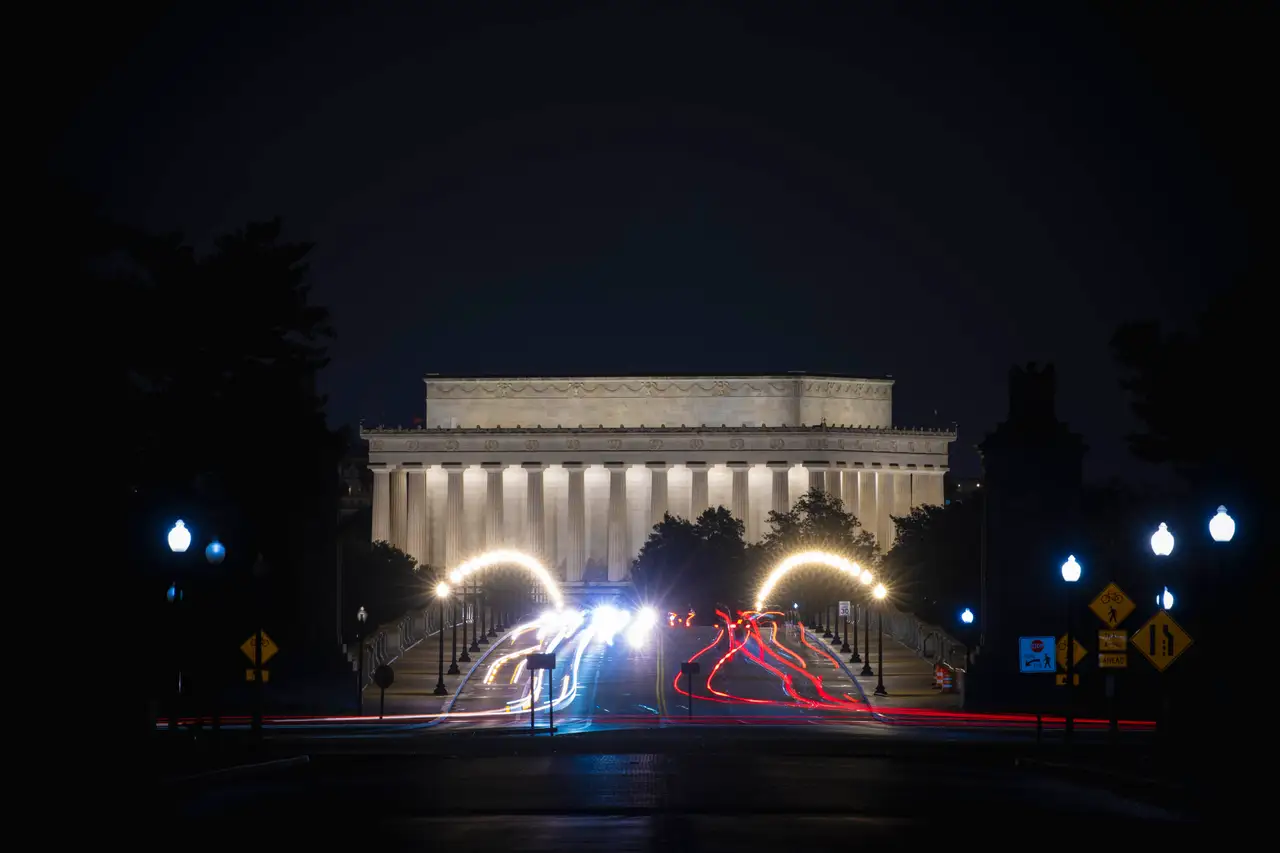 Fine-art photograph, “U.S. Capitol and Highway Light Trails, Concrete and Sky - RFIV8698,” from the Washington D.C. collection.