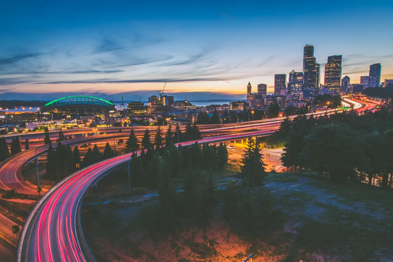 Fine-art photograph, “Seattle Skyline and Highway Light Trails at Blue Hour - 5DM40932 3,” from the Washington State collection.