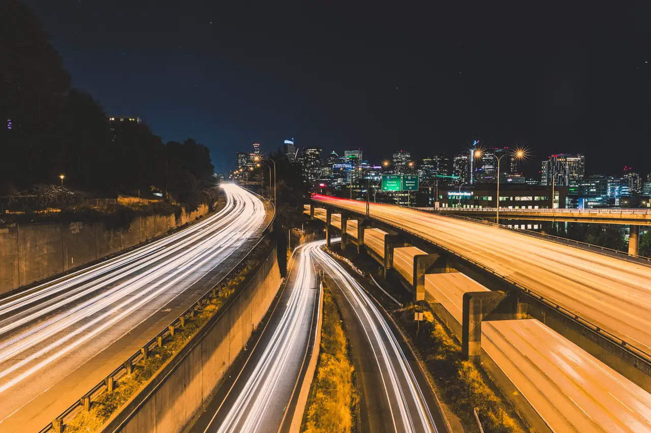Fine-art photograph, “Seattle I-5 Light Trails and Skyline - 5DM43131,” from the Washington State collection.