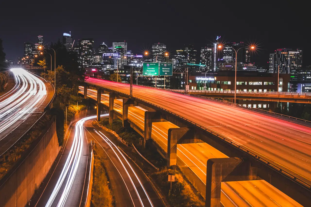 Fine-art photograph, “Seattle Highway Light Trails Below Downtown - 5DM43132,” from the Washington State collection.