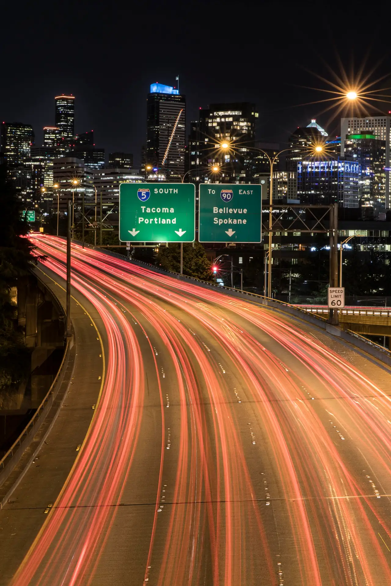 Fine-art photograph, “Seattle Highway Light Trails in Vertical - 5DM43139,” from the Washington State collection.