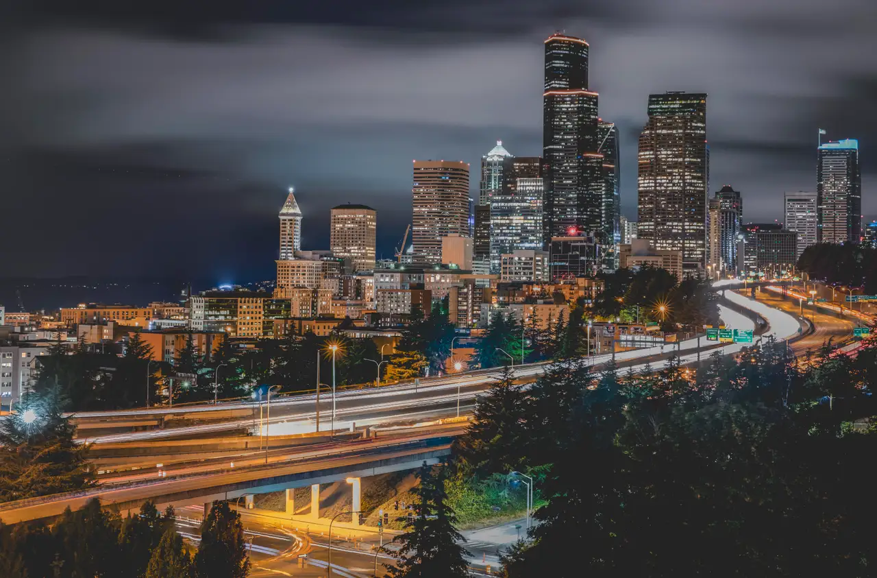 Fine-art photograph, “Seattle Skyline and I-5 Light Trails, Glass Horizon - 5DM43156 Edit,” from the Washington State collection.