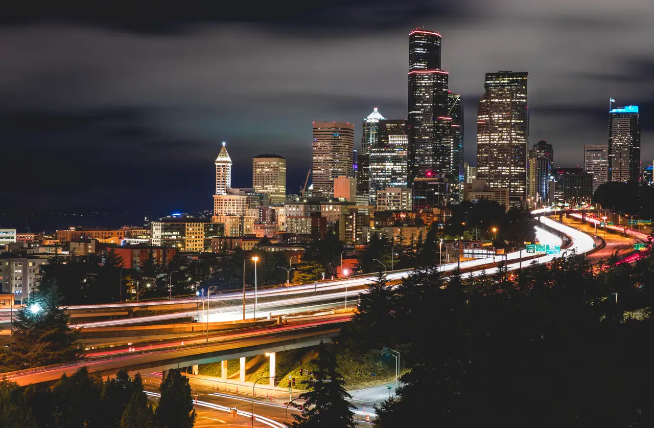 Fine-art photograph, “Seattle Skyline Under Moving Clouds - 5DM43157,” from the Washington State collection.