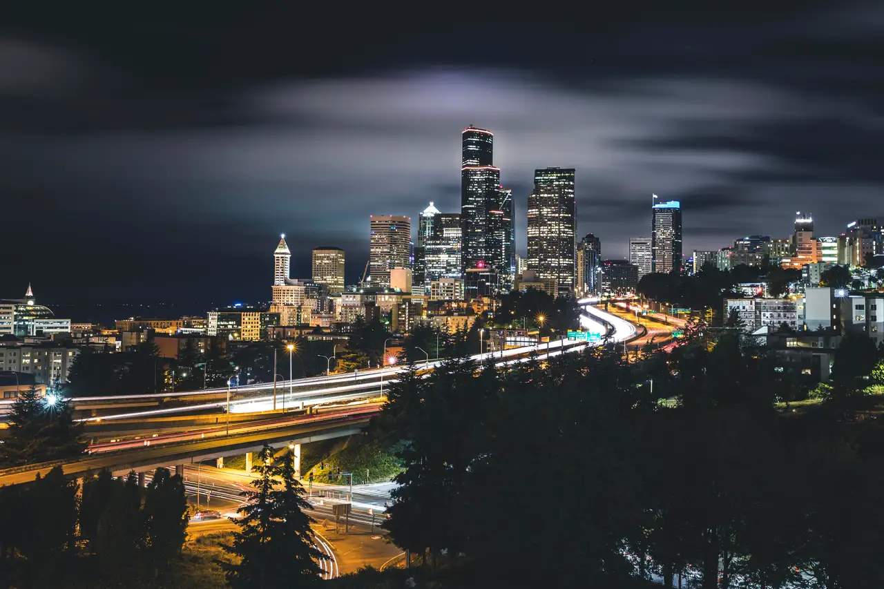Fine-art photograph, “Seattle Skyline and I-5 at Night - 5DM43160,” from the Washington State collection.