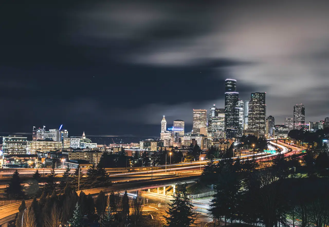 Fine-art photograph, “Seattle Skyline and I-5 Light Trails, After the Rush - 5DM48493,” from the Washington State collection.
