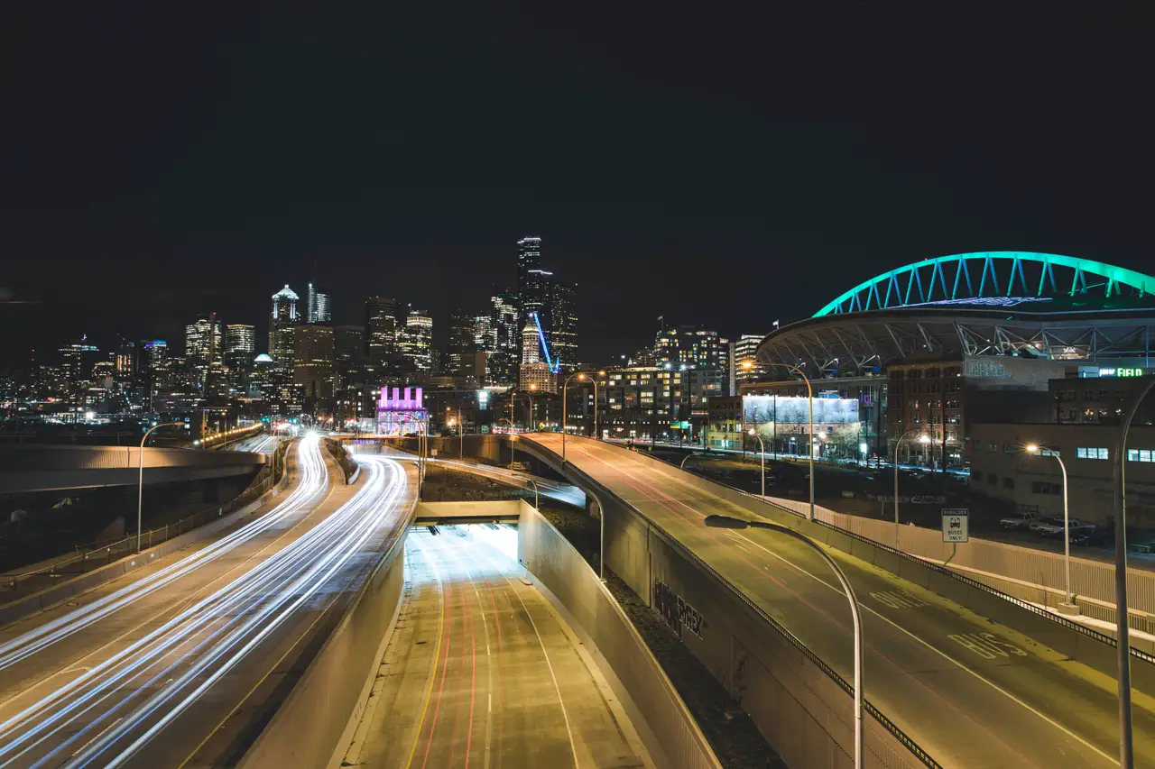 Fine-art photograph, “Seattle Highway Light Trails and Stadium - 5DM48715,” from the Washington State collection.