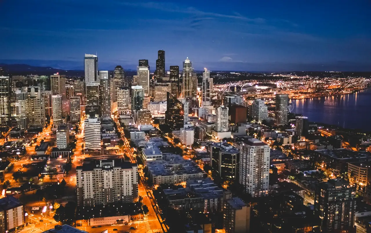 Fine-art photograph, “Seattle Downtown and Elliott Bay at Blue Hour - IMG 8782,” from the Washington State collection.