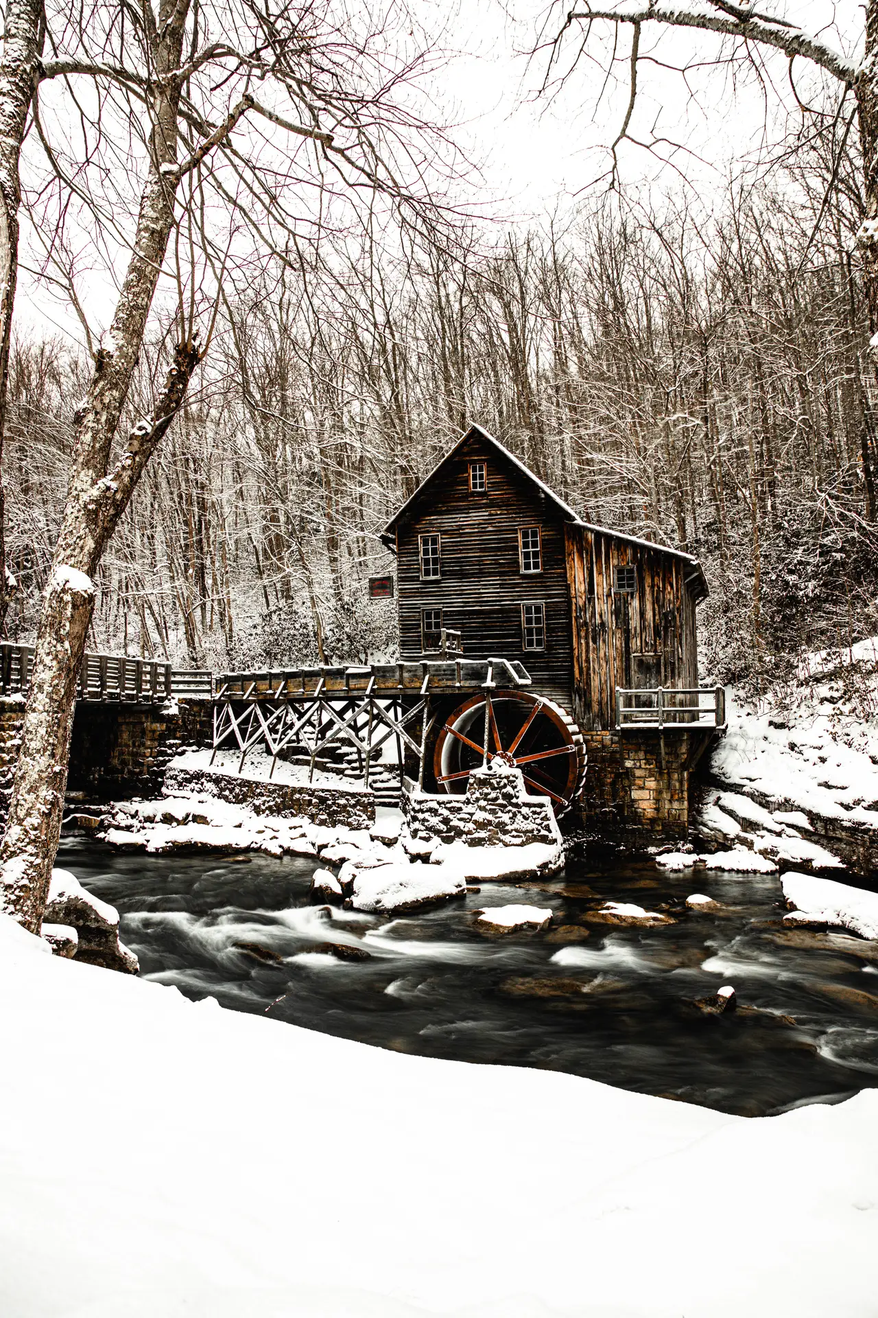 Fine-art photograph, “Glade Creek Grist Mill and Snow - 5DM43409,” from the West Virginia collection.