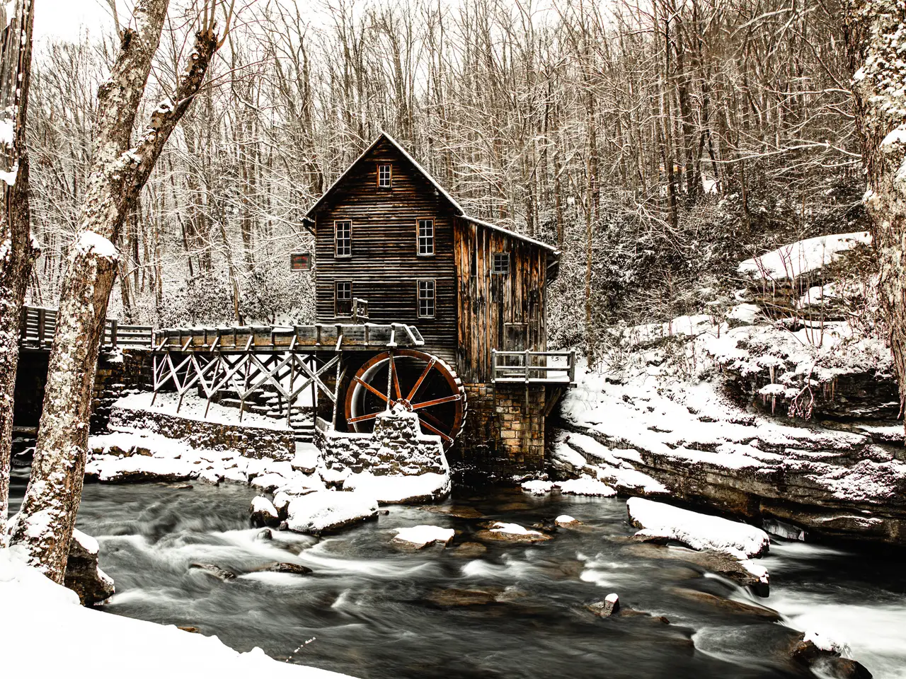 Fine-art photograph, “Glade Creek Grist Mill in Winter, Far Country - 5DM43414,” from the West Virginia collection.