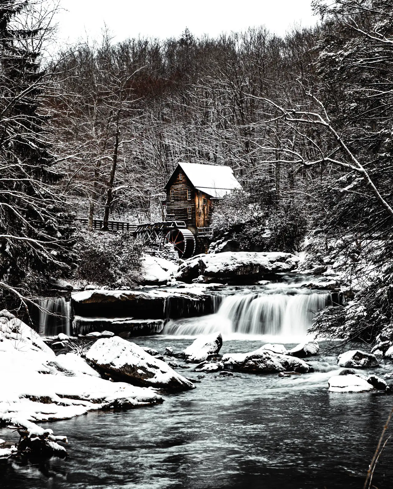 Fine-art photograph, “Glade Creek Grist Mill and Snowy Waterfall - 5DM43433,” from the West Virginia collection.
