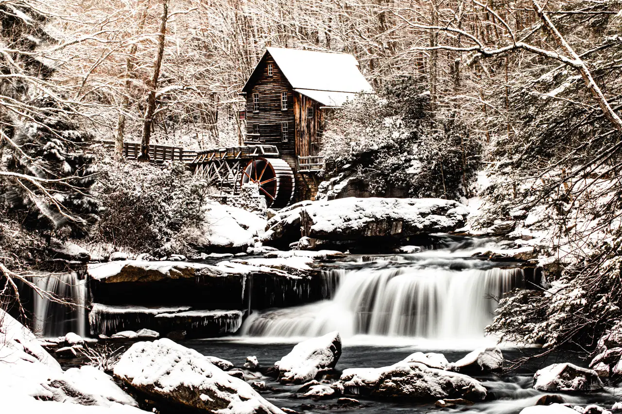 Fine-art photograph, “Glade Creek Grist Mill Waterfall Panorama - 5DM43444,” from the West Virginia collection.